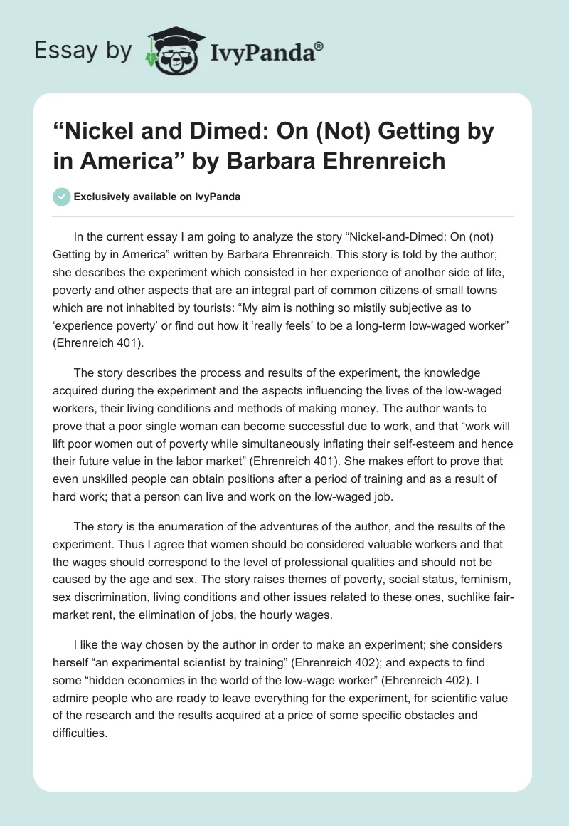 “Nickel and Dimed: On (Not) Getting by in America” by Barbara Ehrenreich. Page 1