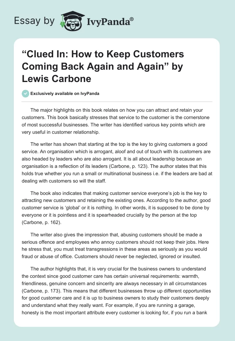 “Clued In: How to Keep Customers Coming Back Again and Again” by Lewis Carbone. Page 1