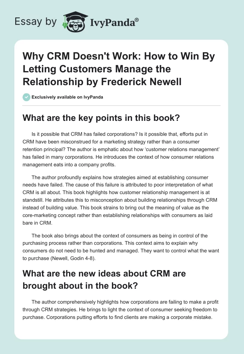 "Why CRM Doesn't Work: How to Win By Letting Customers Manage the Relationship" by Frederick Newell. Page 1