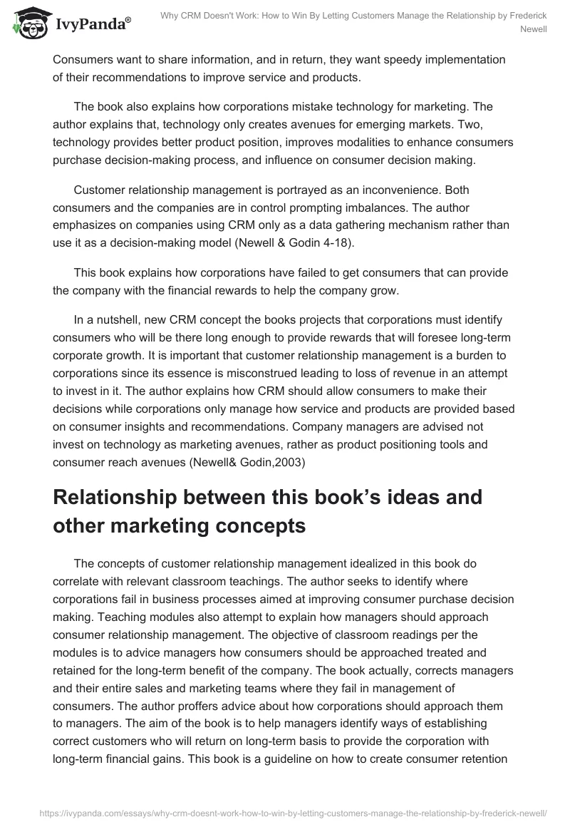 "Why CRM Doesn't Work: How to Win By Letting Customers Manage the Relationship" by Frederick Newell. Page 2