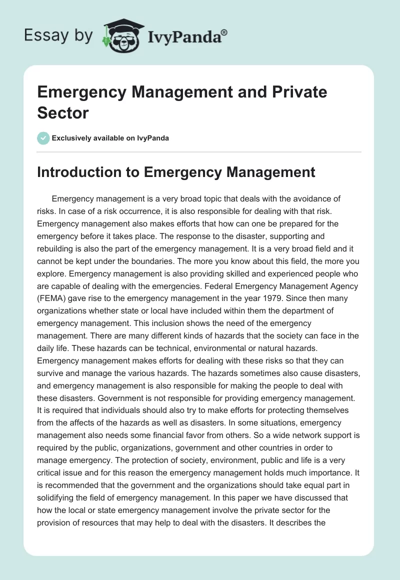 Emergency Management and Private Sector. Page 1