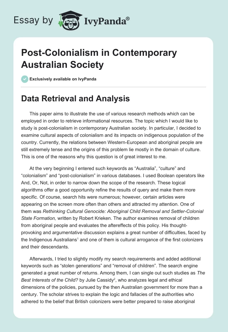Post-Colonialism in Contemporary Australian Society. Page 1
