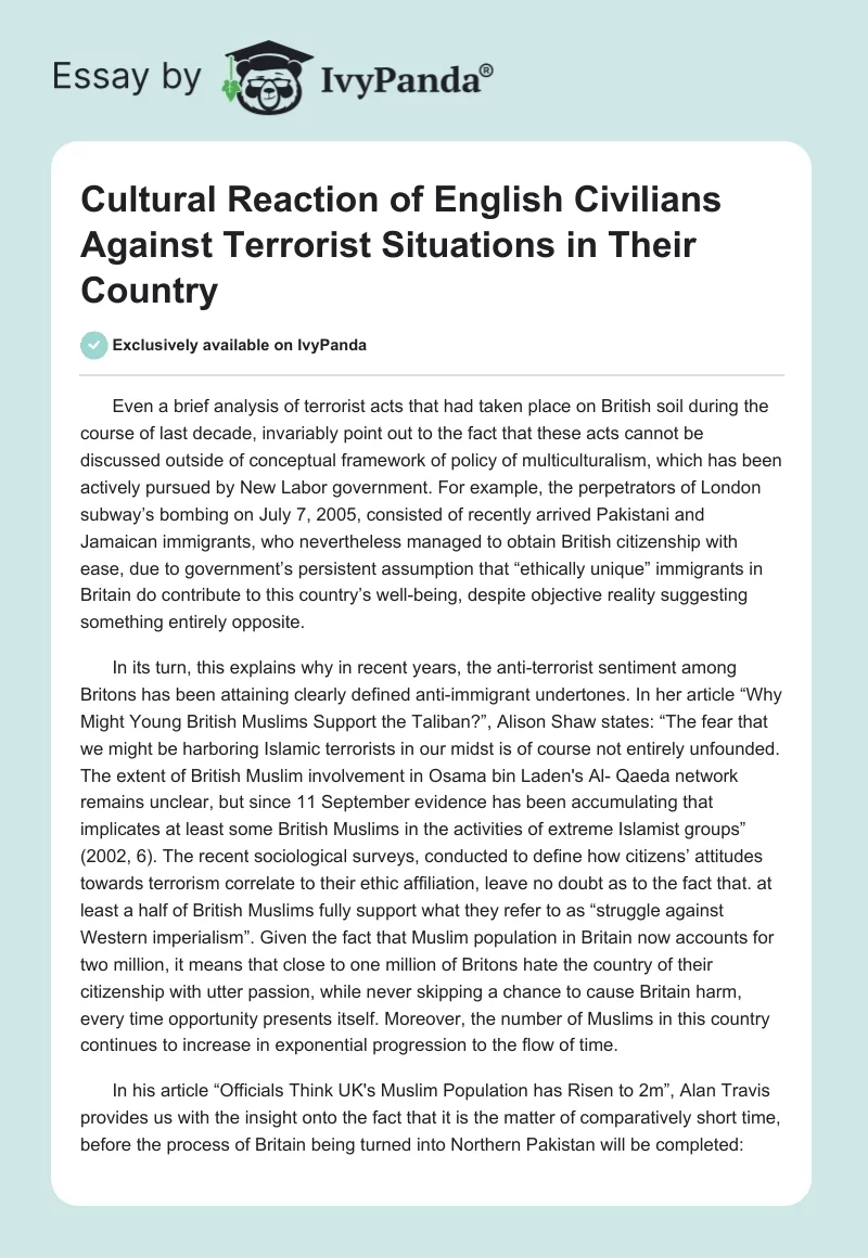 Cultural Reaction of English Civilians Against Terrorist Situations in Their Country. Page 1