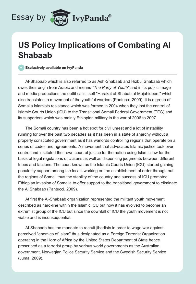 US Policy Implications of Combating Al Shabaab. Page 1