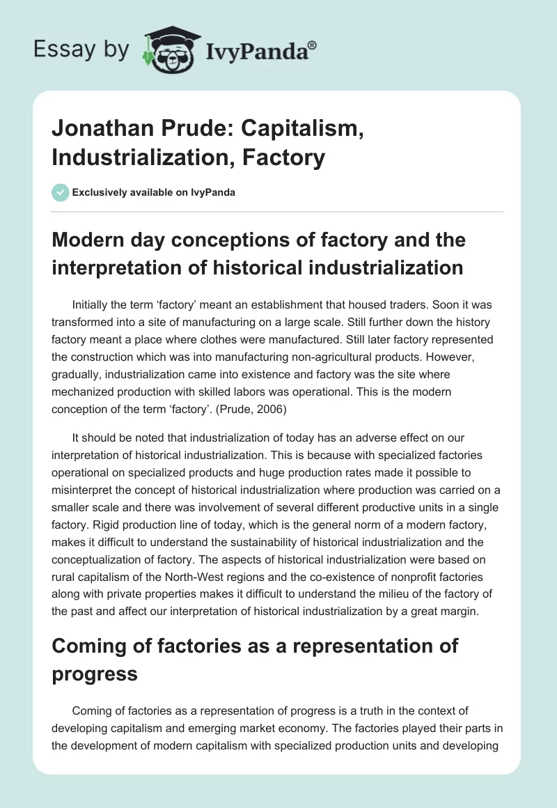 Jonathan Prude: Capitalism, Industrialization, Factory. Page 1