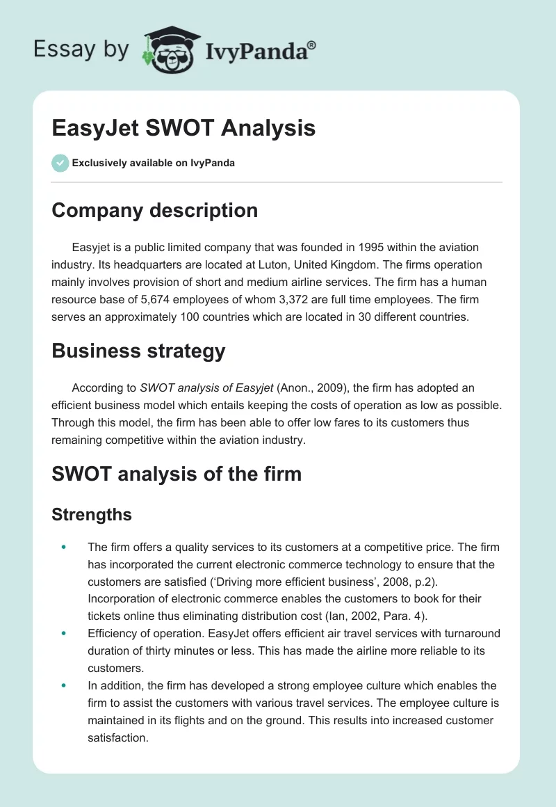EasyJet SWOT Analysis. Page 1