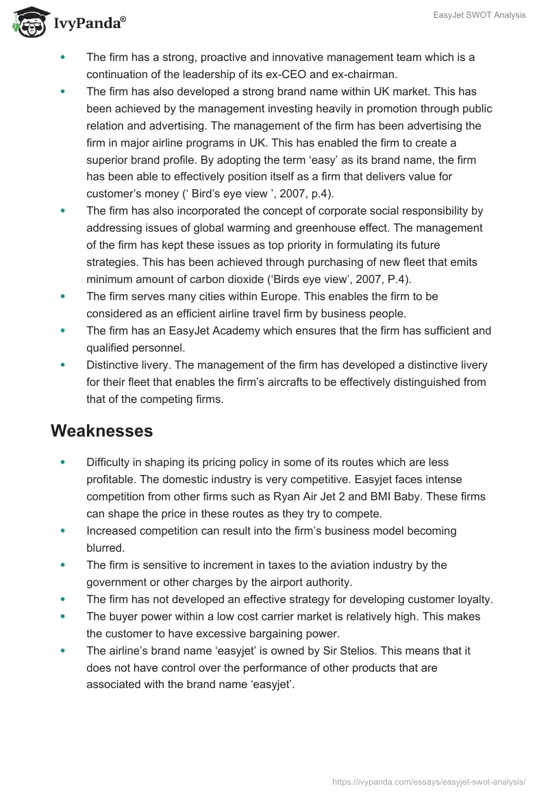 EasyJet SWOT Analysis. Page 2
