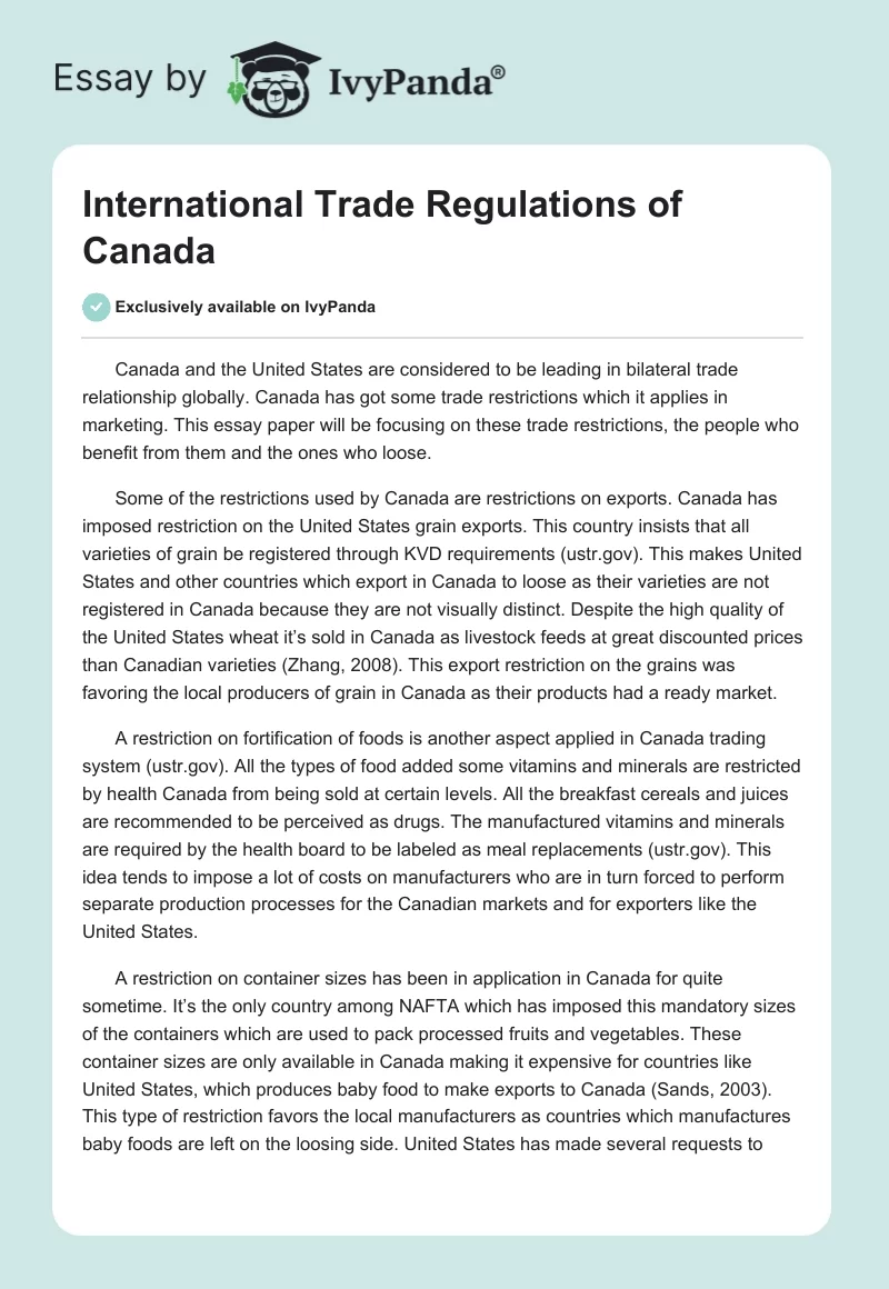 International Trade Regulations of Canada. Page 1