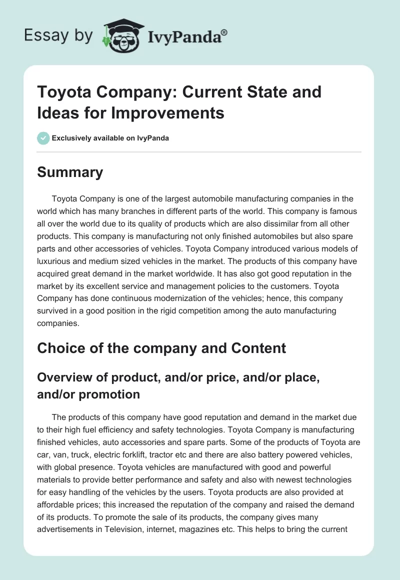 Toyota Company: Current State and Ideas for Improvements. Page 1