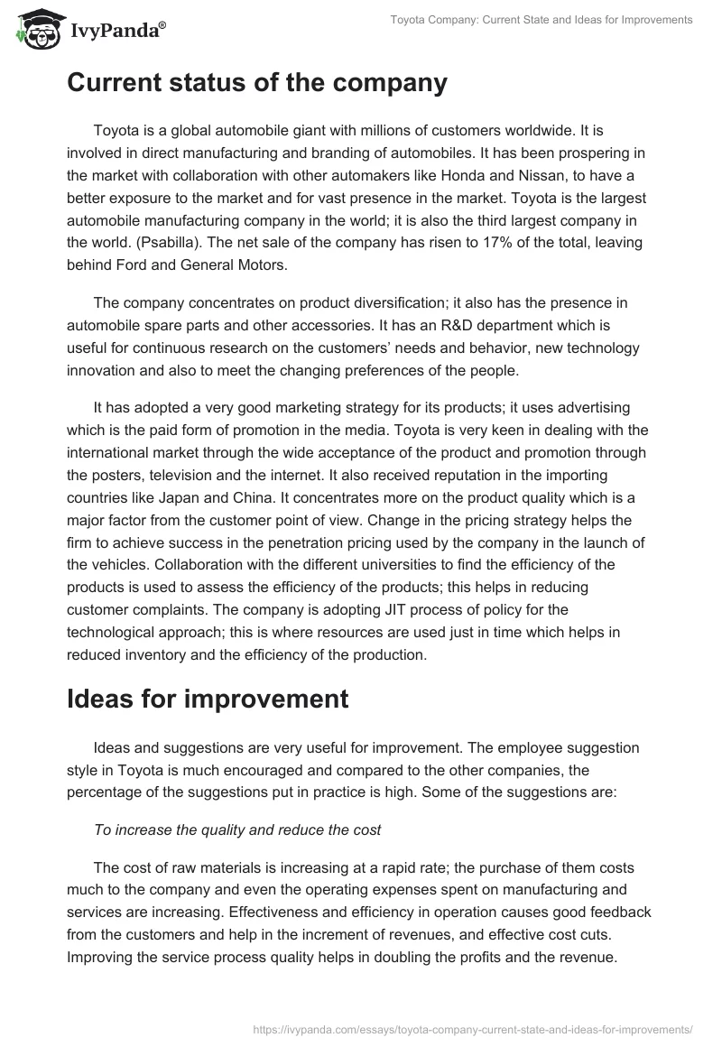 Toyota Company: Current State and Ideas for Improvements. Page 3