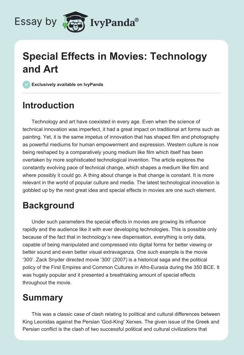 Special Effects in Movies: Technology and Art. Page 1