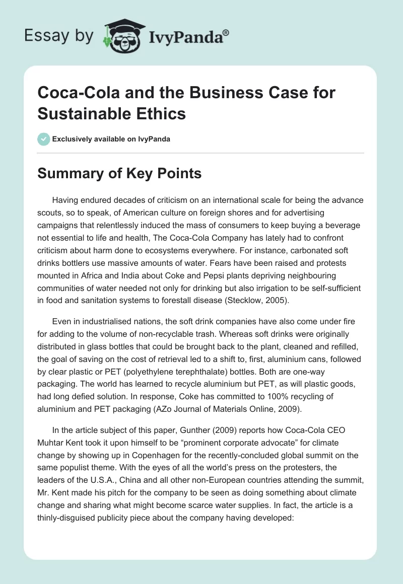 Coca-Cola and the Business Case for Sustainable Ethics. Page 1