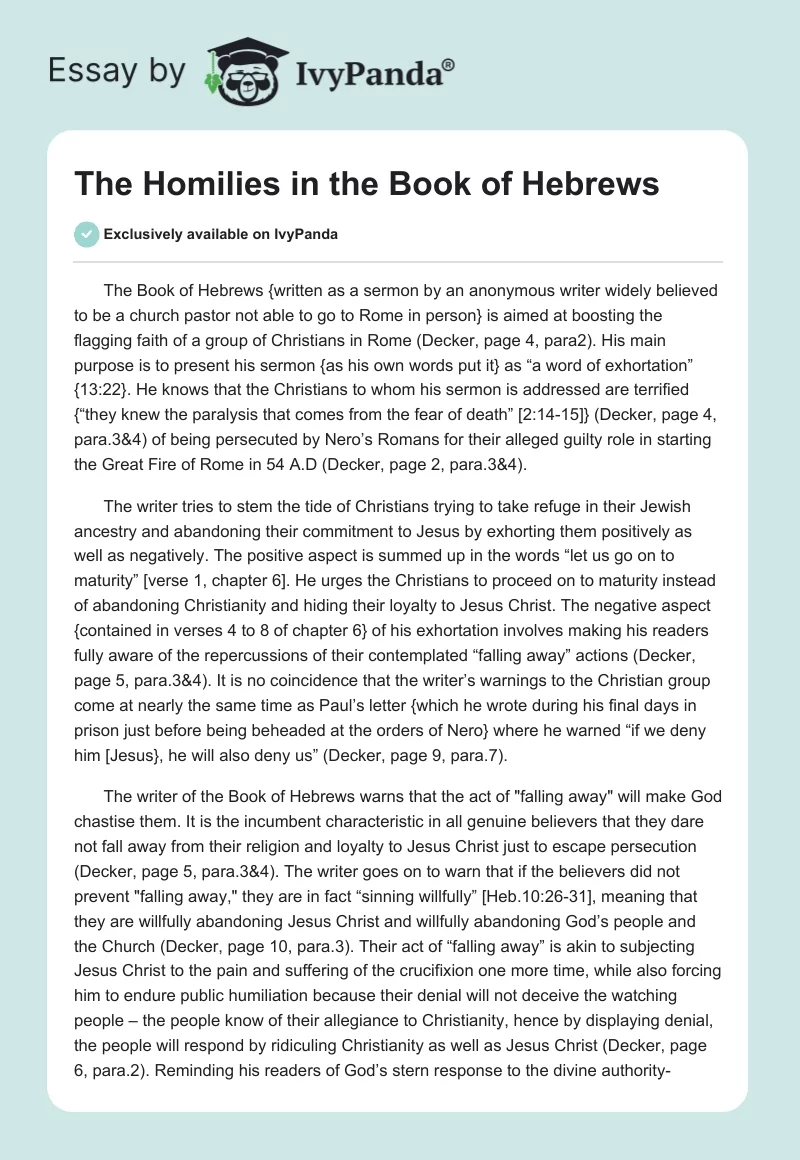The Homilies in the Book of Hebrews. Page 1