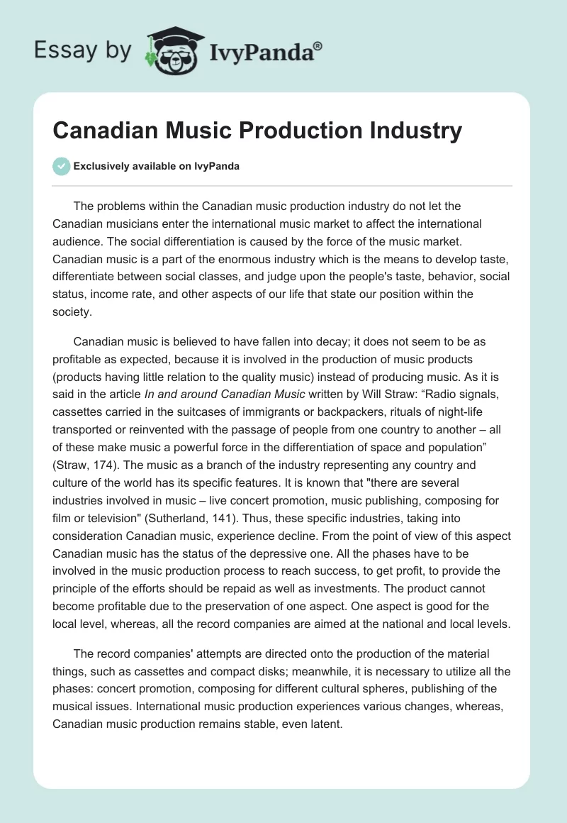 Canadian Music Production Industry. Page 1