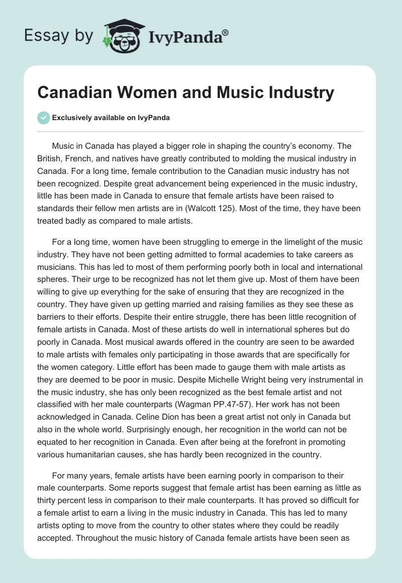 Canadian Women and Music Industry. Page 1