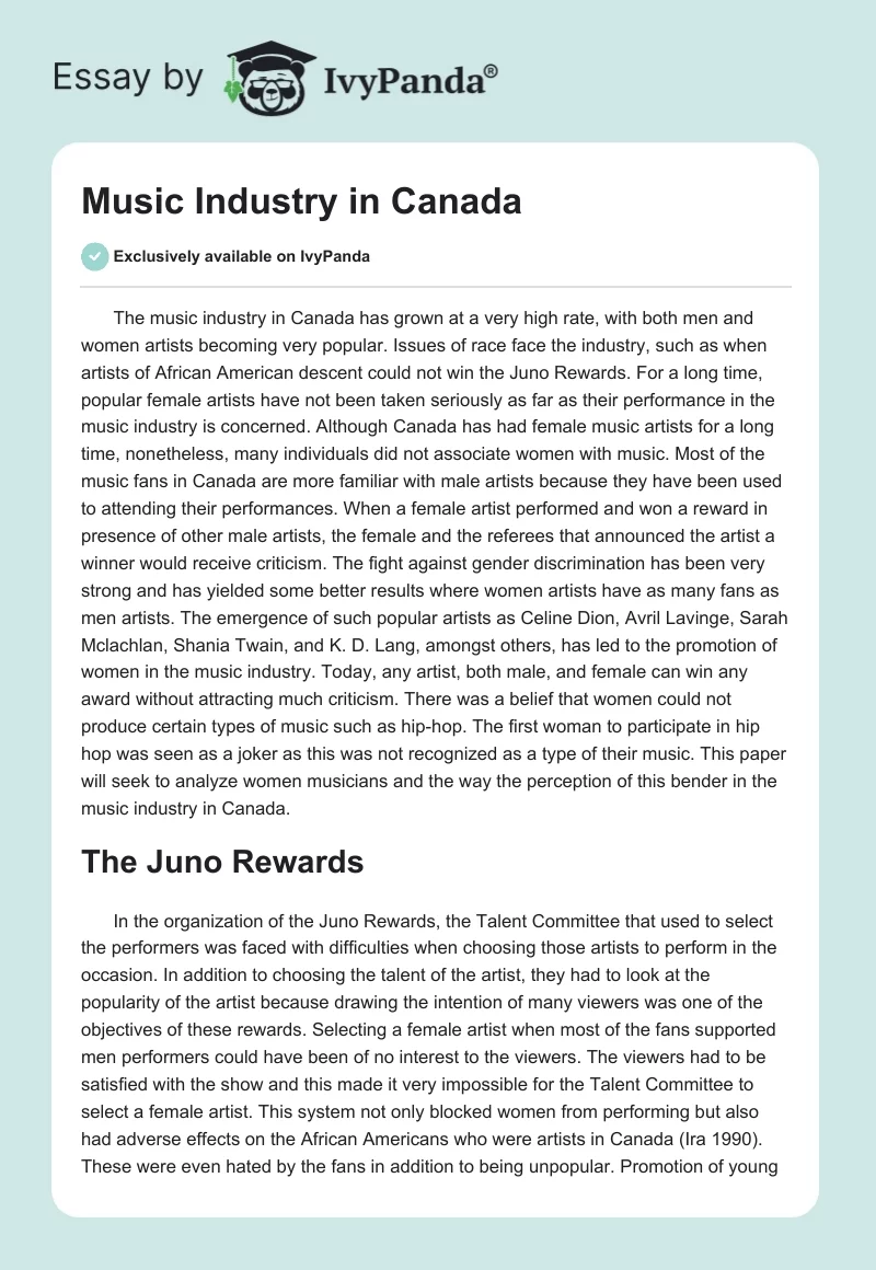 Music Industry in Canada. Page 1