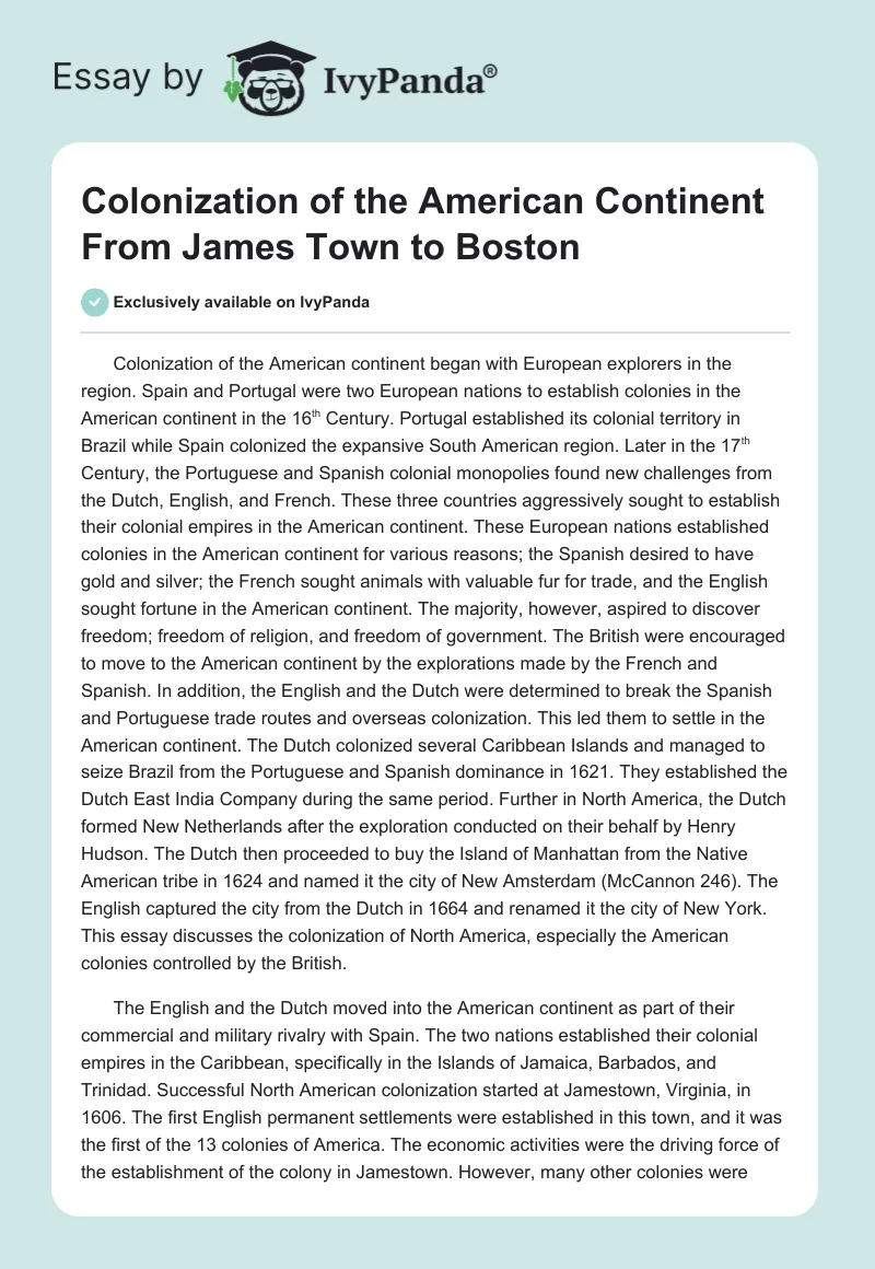 Colonization of the American Continent From James Town to Boston. Page 1