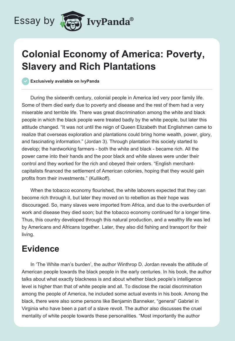 Colonial Economy of America: Poverty, Slavery and Rich Plantations. Page 1