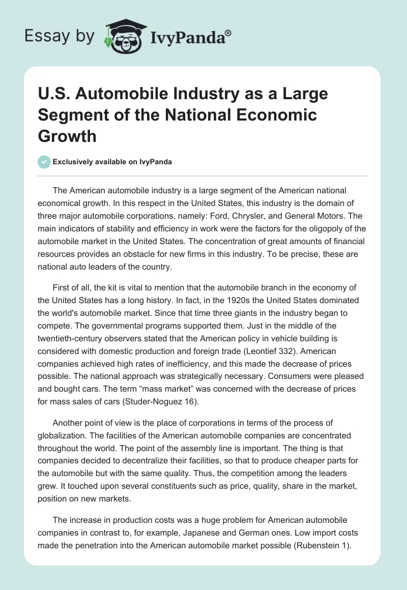 U.S. Automobile Industry as a Large Segment of the National Economic Growth. Page 1