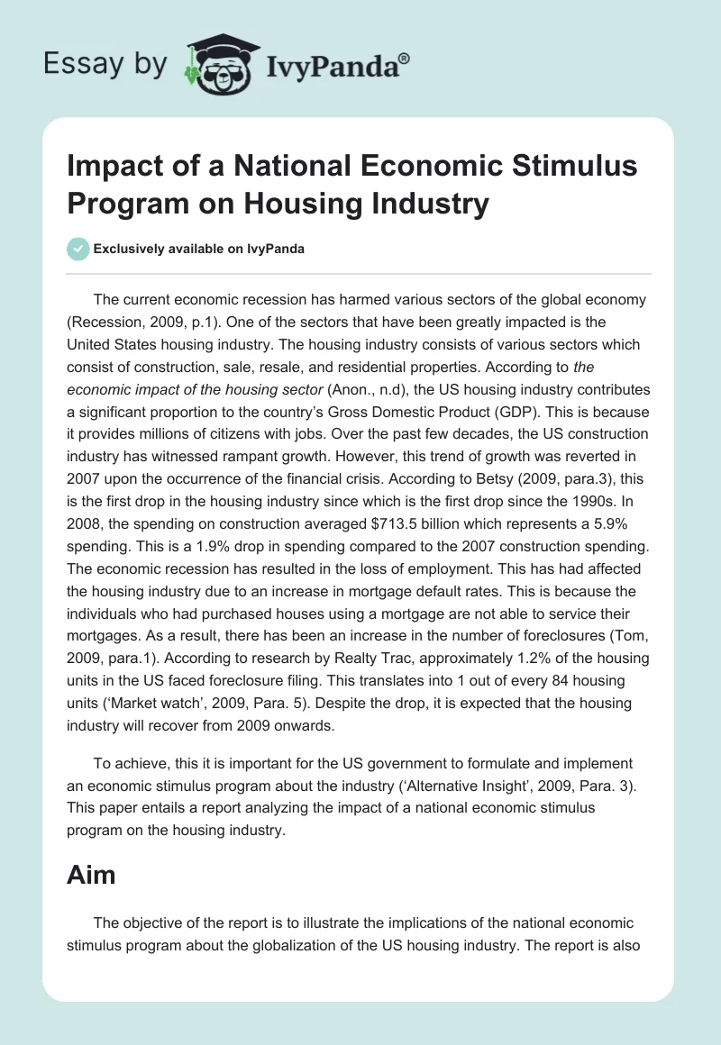 Impact of a National Economic Stimulus Program on Housing Industry. Page 1