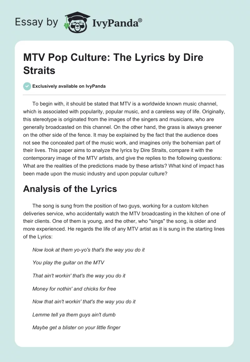 MTV Pop Culture: The Lyrics by Dire Straits. Page 1