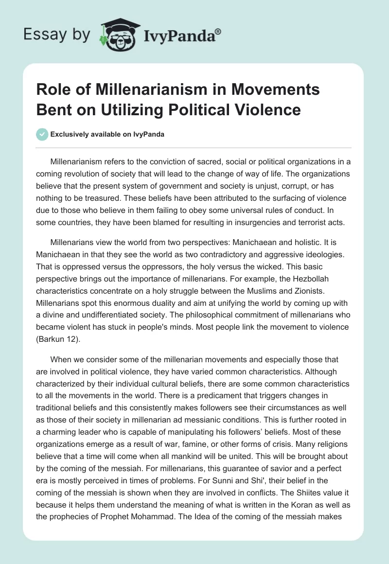Role of Millenarianism in Movements Bent on Utilizing Political Violence. Page 1