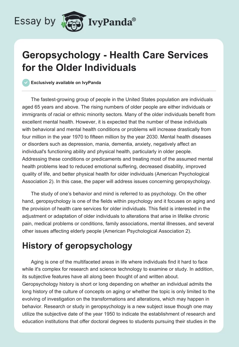 Geropsychology - Health Care Services for the Older Individuals. Page 1