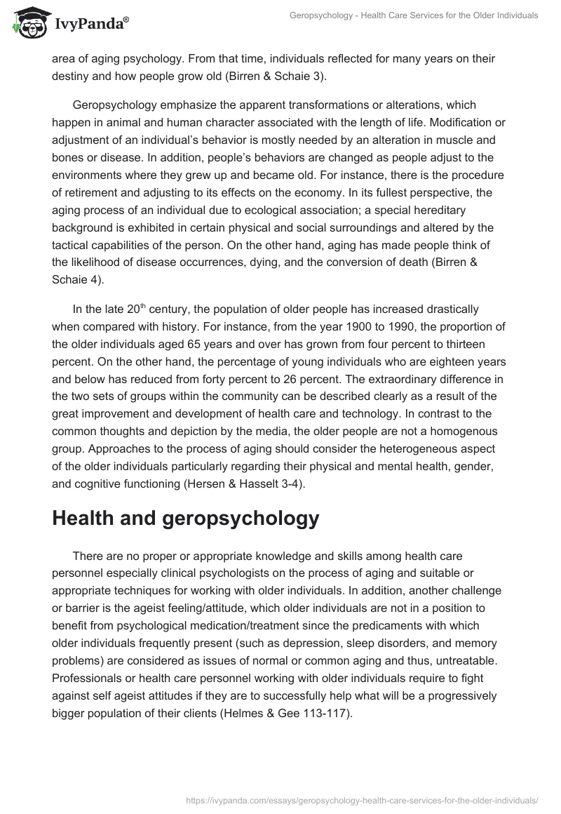 Geropsychology - Health Care Services for the Older Individuals. Page 2