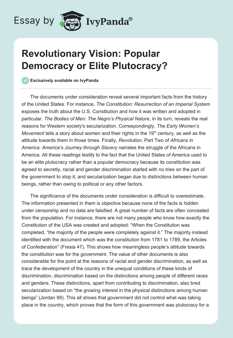 Revolutionary Vision: Popular Democracy or Elite Plutocracy?. Page 1
