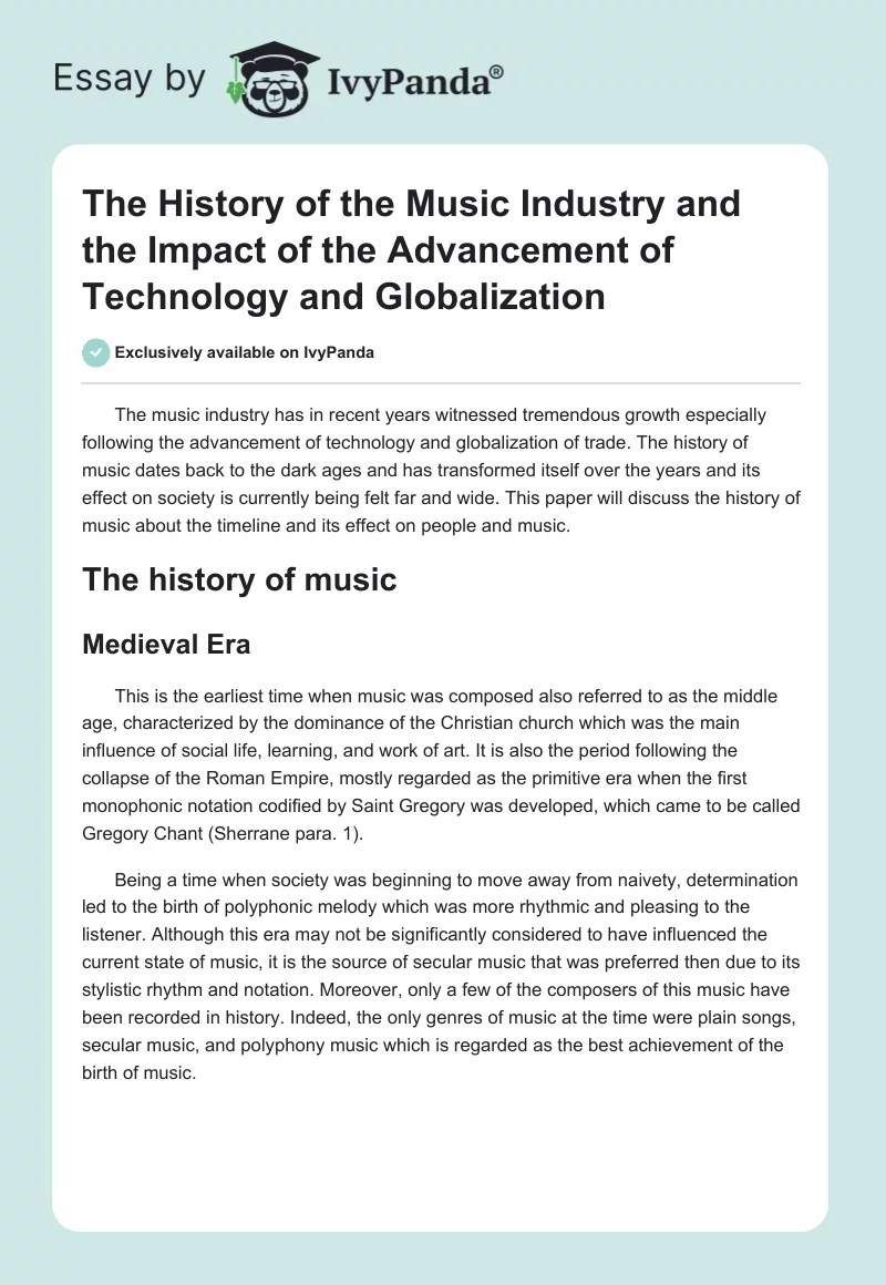 The History of the Music Industry and the Impact of the Advancement of Technology and Globalization. Page 1