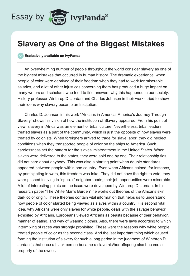 Slavery as One of the Biggest Mistakes. Page 1