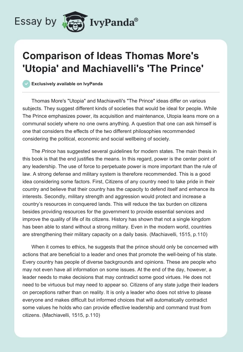 Comparison of Ideas Thomas More's 'Utopia' and Machiavelli's 'The Prince'. Page 1