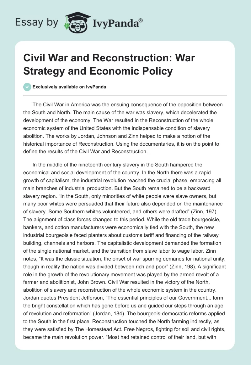 Civil War and Reconstruction: War Strategy and Economic Policy. Page 1