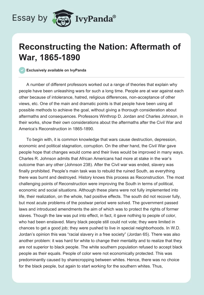 Reconstructing the Nation: Aftermath of War, 1865-1890. Page 1