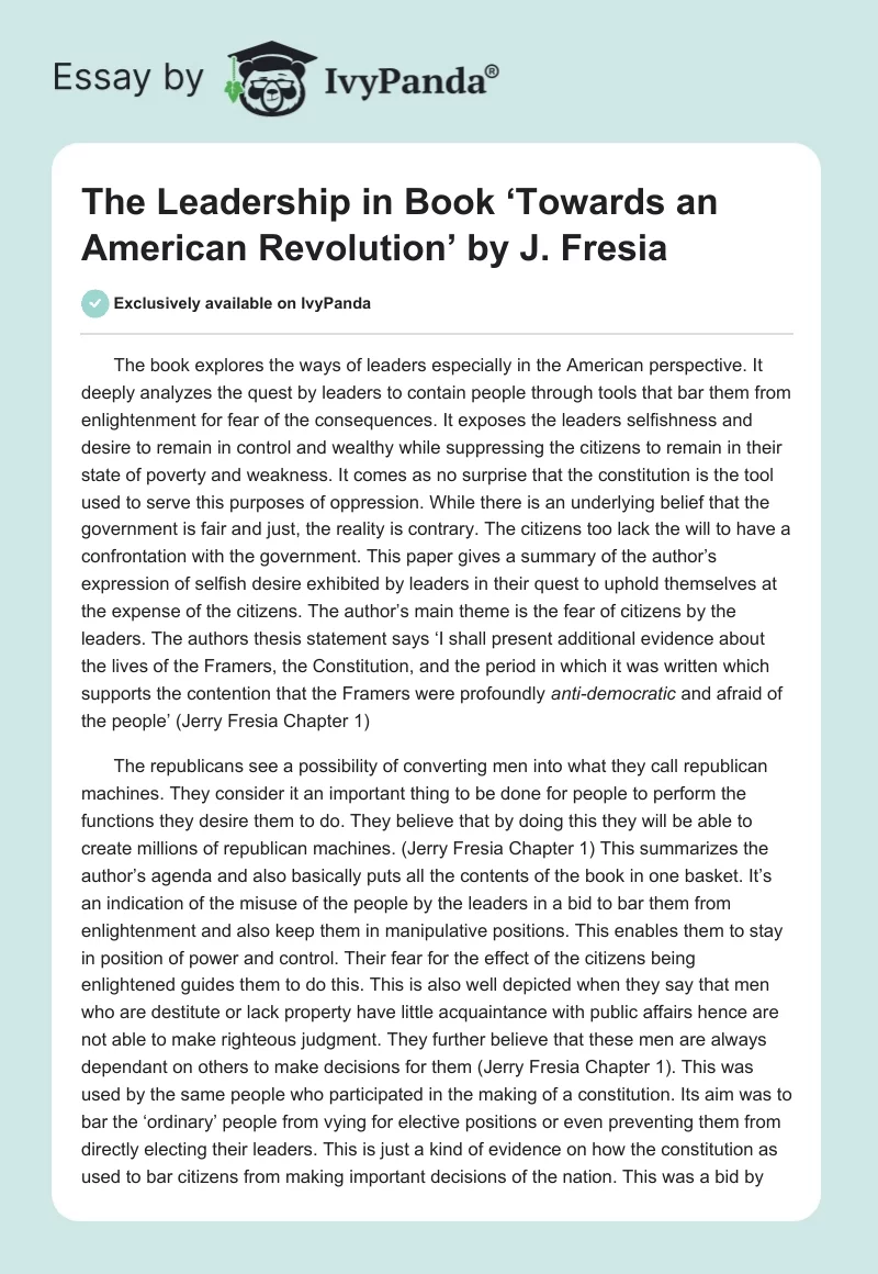 The Leadership in Book ‘Towards an American Revolution’ by J. Fresia. Page 1