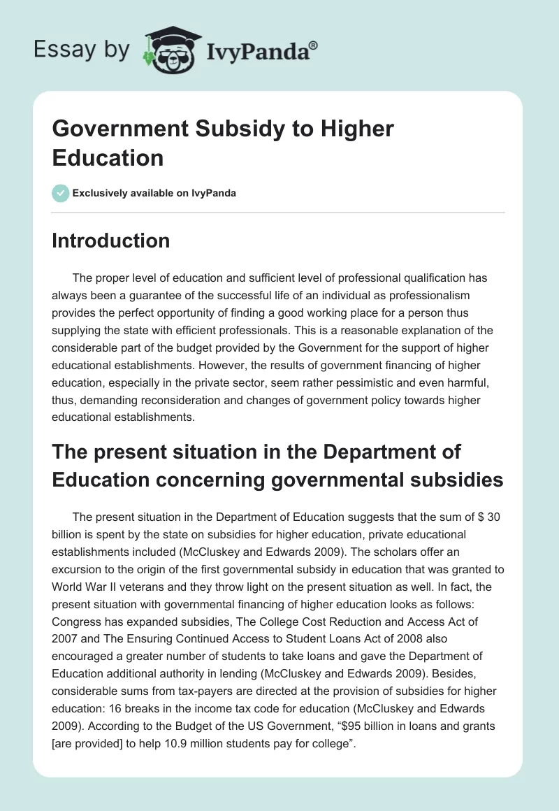 Government Subsidy to Higher Education. Page 1