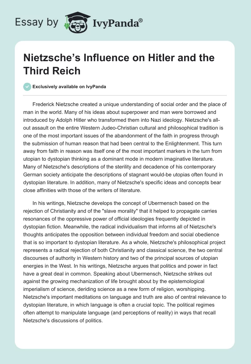 Nietzsche’s Influence on Hitler and the Third Reich. Page 1