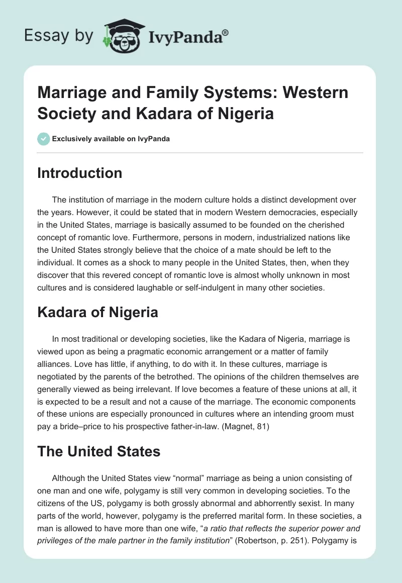 Marriage and Family Systems: Western Society and Kadara of Nigeria. Page 1