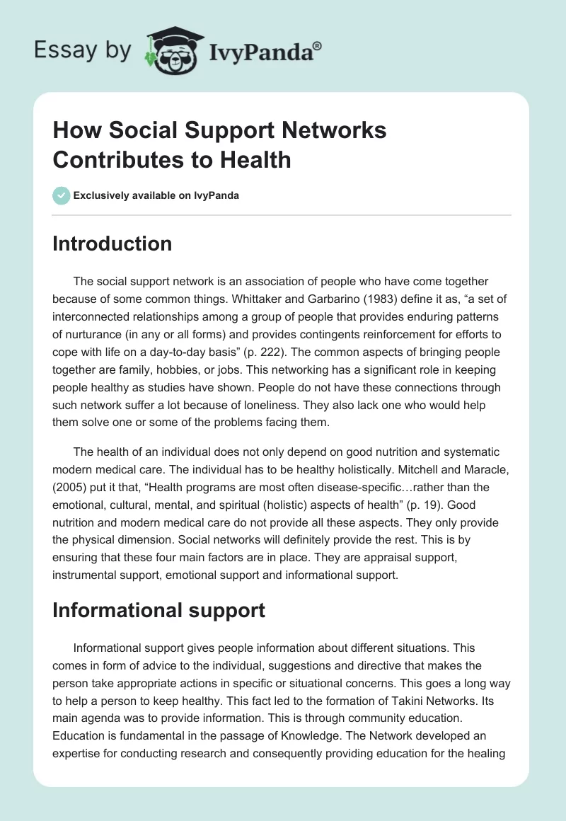 How Social Support Networks Contributes to Health. Page 1