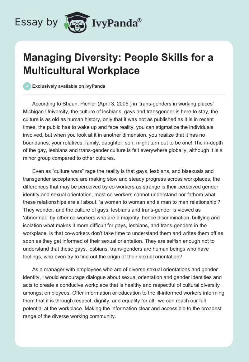 Managing Diversity: People Skills for a Multicultural Workplace. Page 1