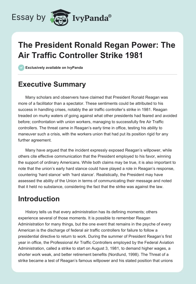 The President Ronald Regan Power: The Air Traffic Controller Strike 1981. Page 1