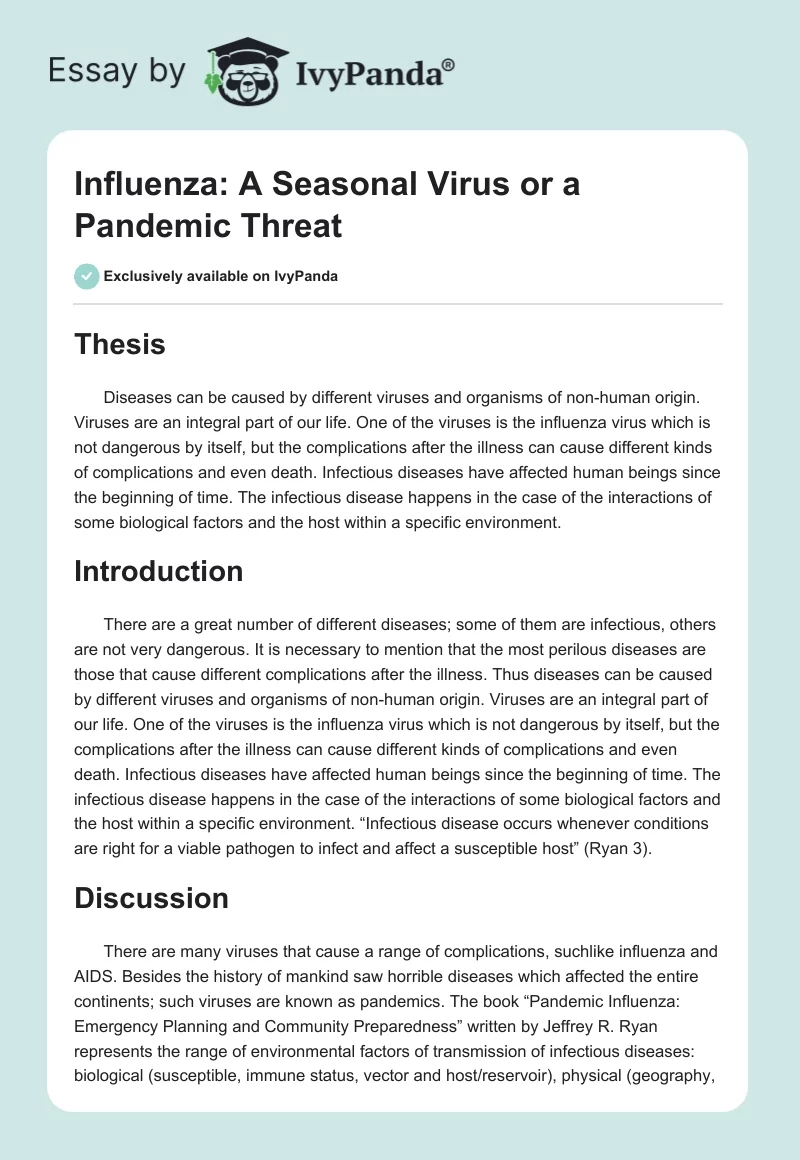 Influenza: A Seasonal Virus or a Pandemic Threat. Page 1