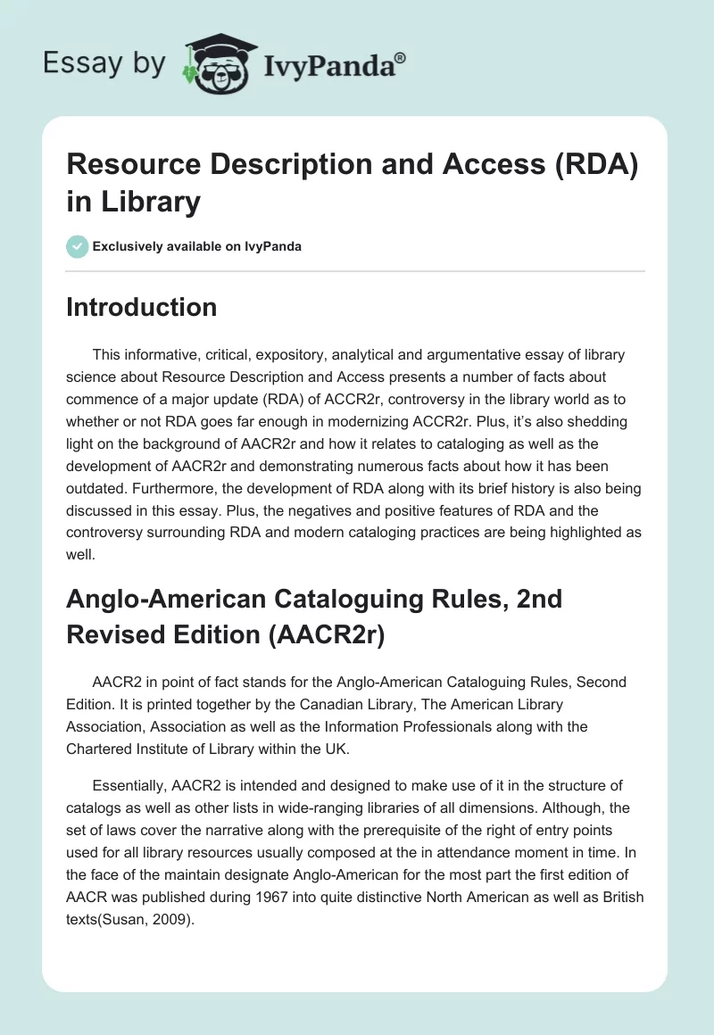 Resource Description and Access (RDA) in Library. Page 1