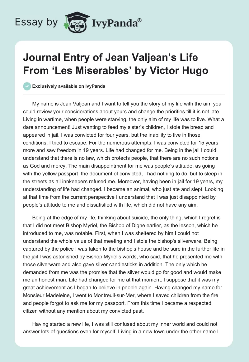 Journal Entry of Jean Valjean’s Life From ‘Les Miserables’ by Victor Hugo. Page 1