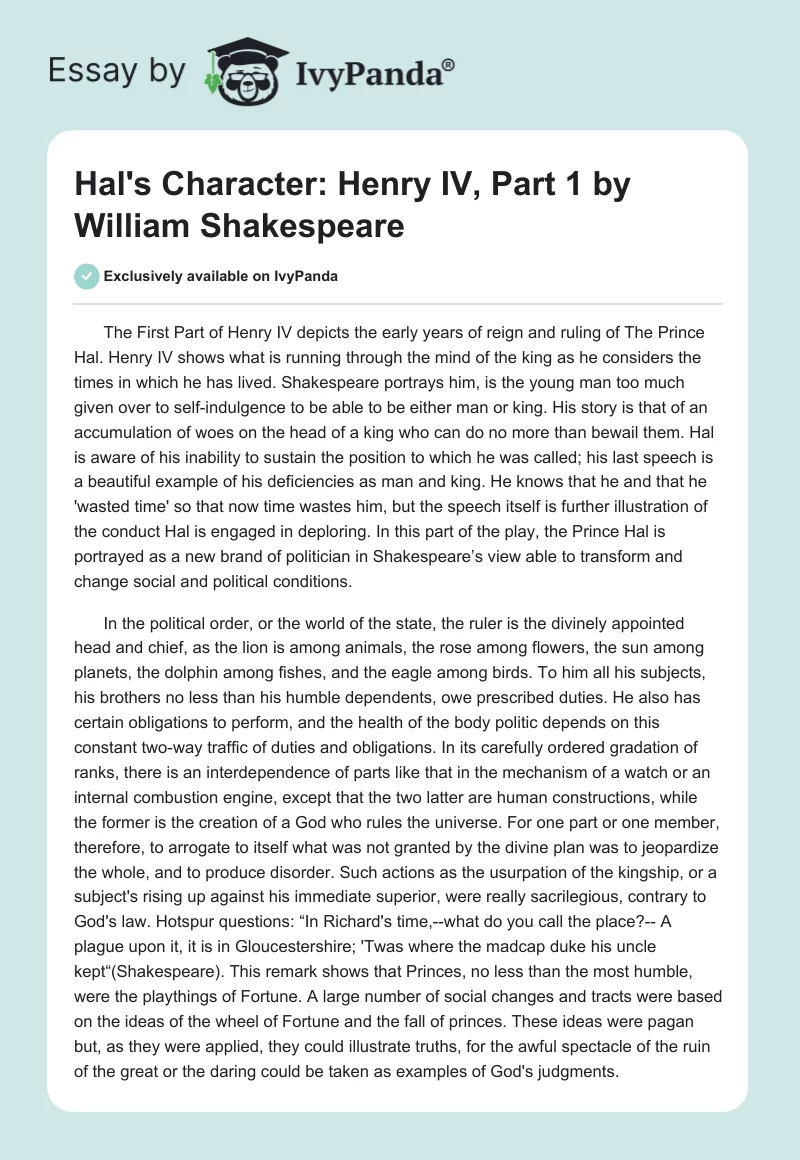 Hal's Character: "Henry IV, Part 1" by William Shakespeare. Page 1