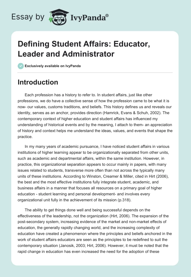 Defining Student Affairs: Educator, Leader and Administrator. Page 1