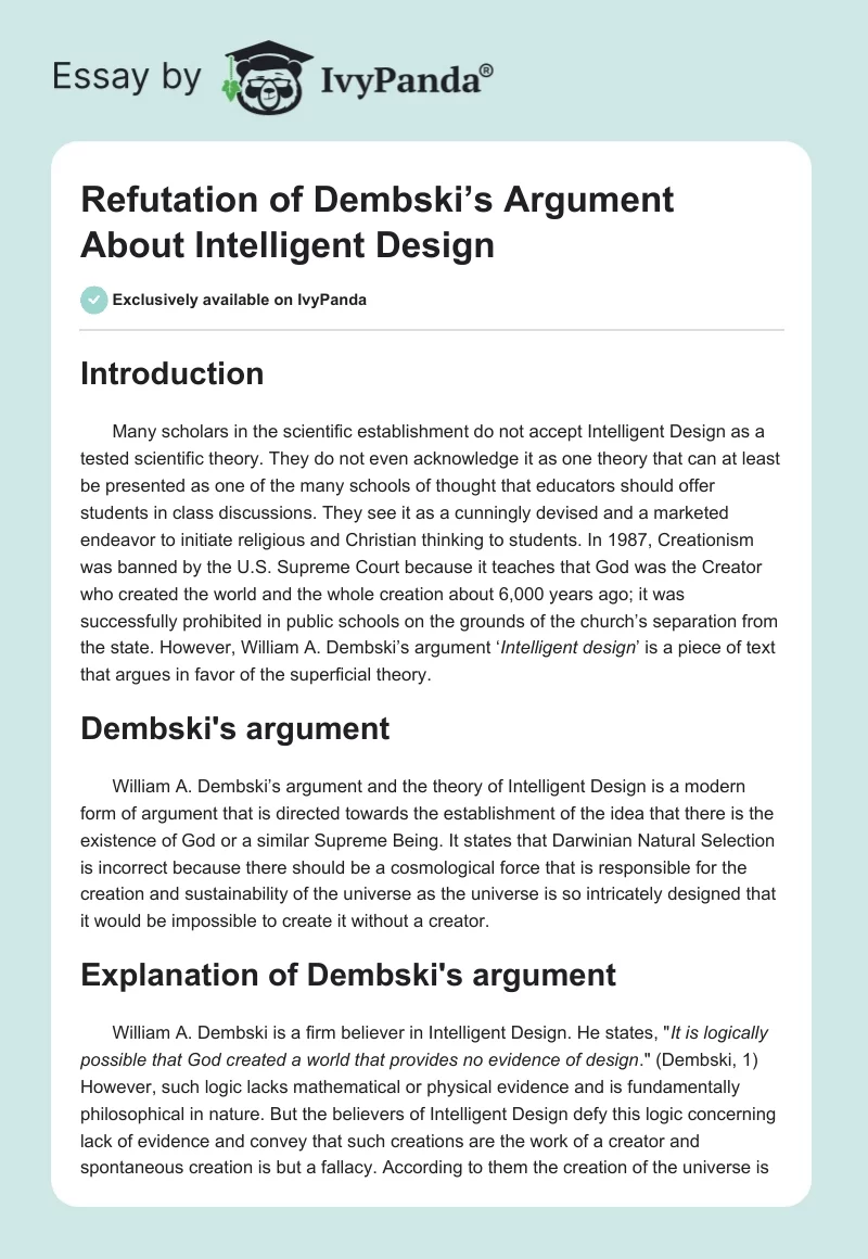 Refutation of Dembski’s Argument About Intelligent Design. Page 1