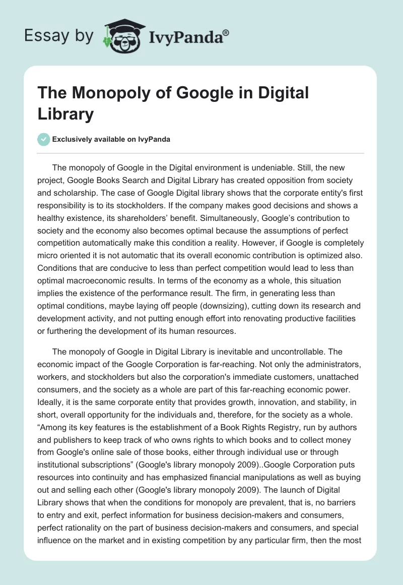 The Monopoly of Google in Digital Library. Page 1