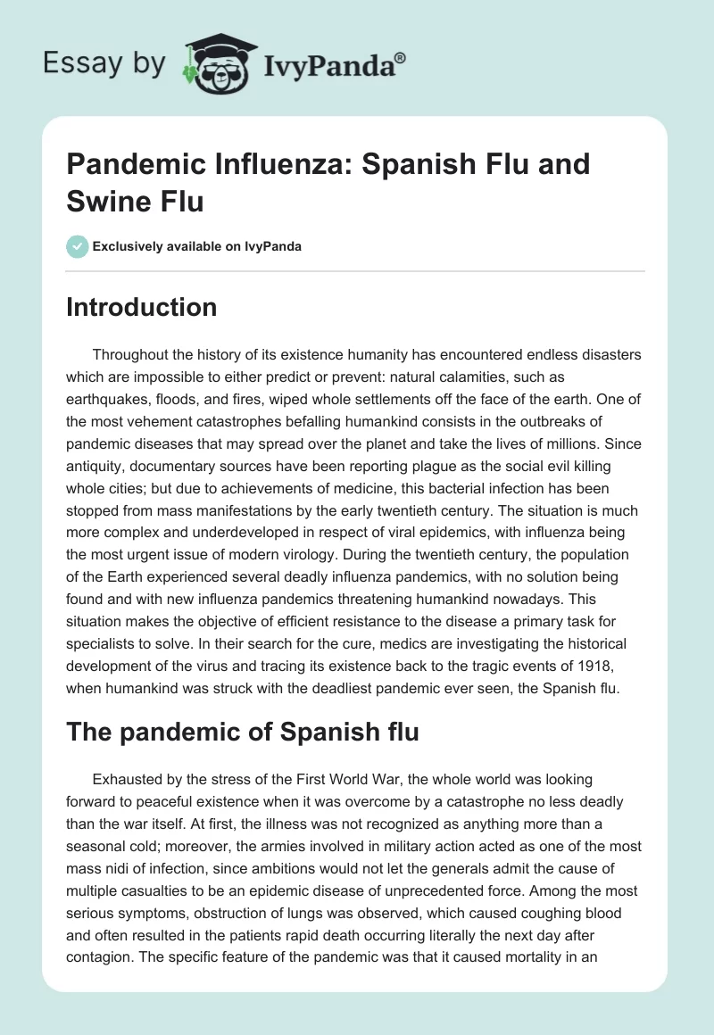 Pandemic Influenza: Spanish Flu and Swine Flu. Page 1