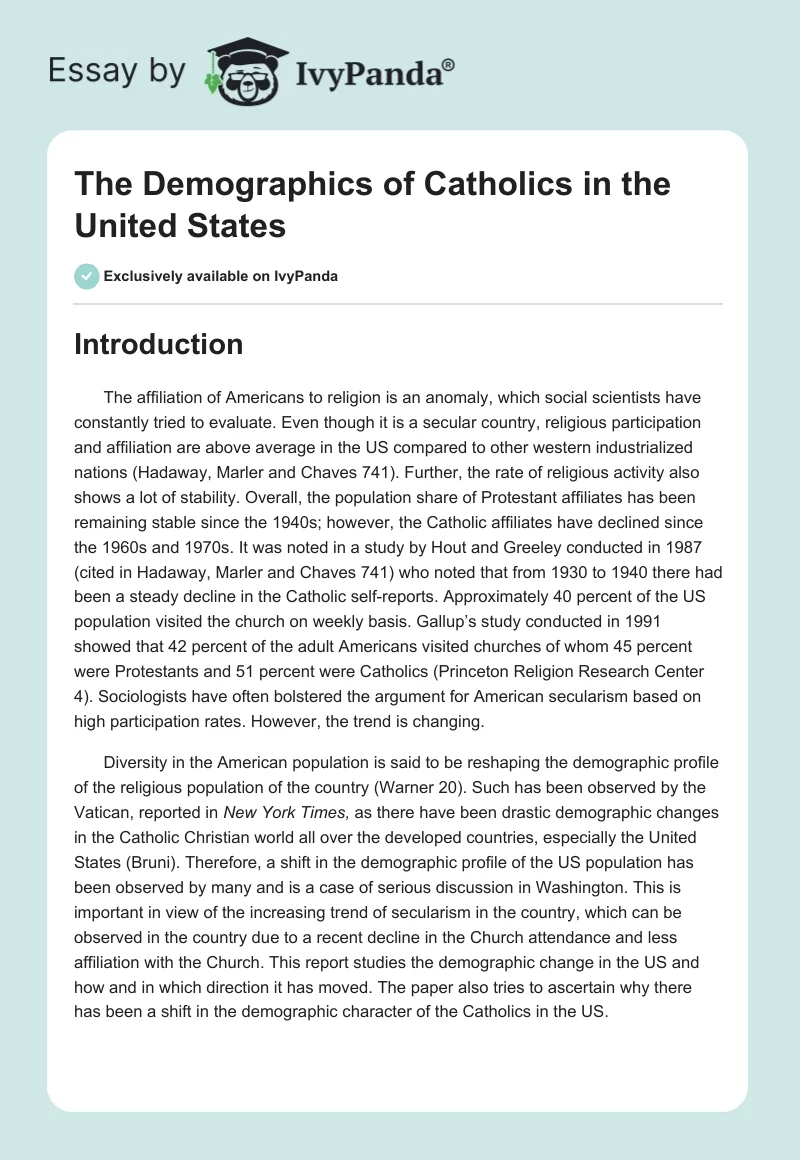 The Demographics of Catholics in the United States. Page 1